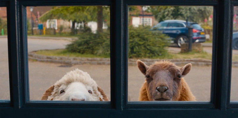 La imagen muestra a los personajes Mopple y Lily en una escena del filme "The Sheep Detectives".