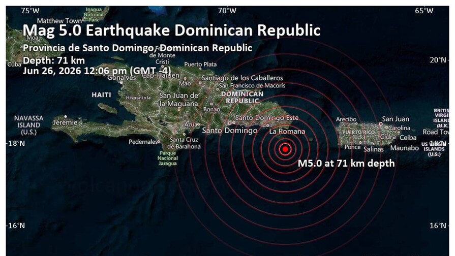 Se registra sismo de magnitud 5.0 al este de República Dominicana